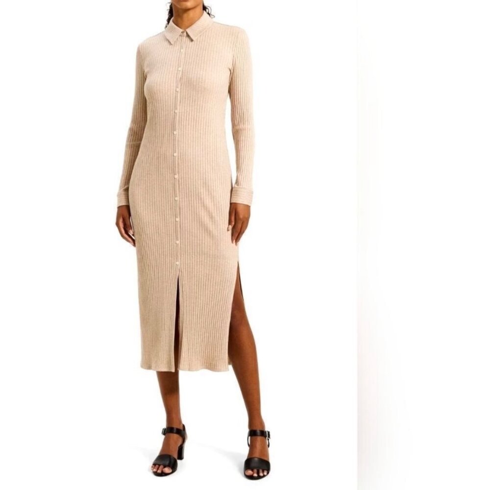 Theory‎ Ribbed Button Front Knit Midi Shirt Sweater Dress Slits Tan Size Small